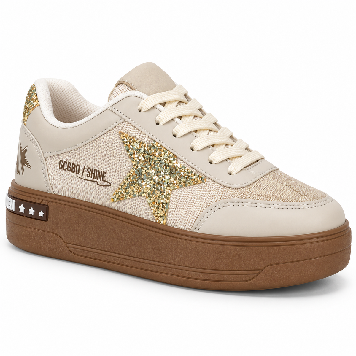 Mia Maria 7020 Bej Gold Kadın Sneaker – Taşlı Yıldız Detaylı