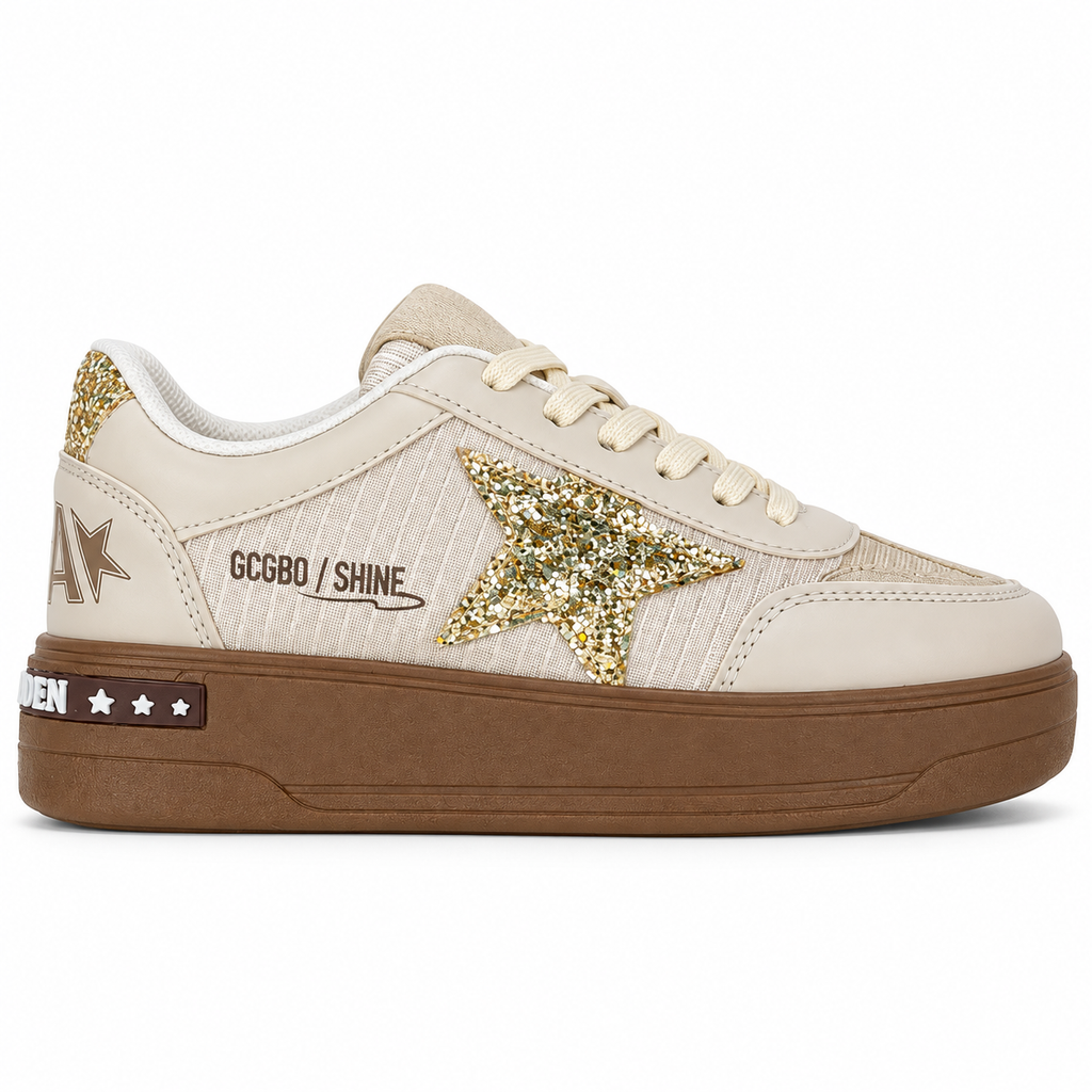 Mia Maria 7020 Bej Gold Kadın Sneaker – Taşlı Yıldız Detaylı