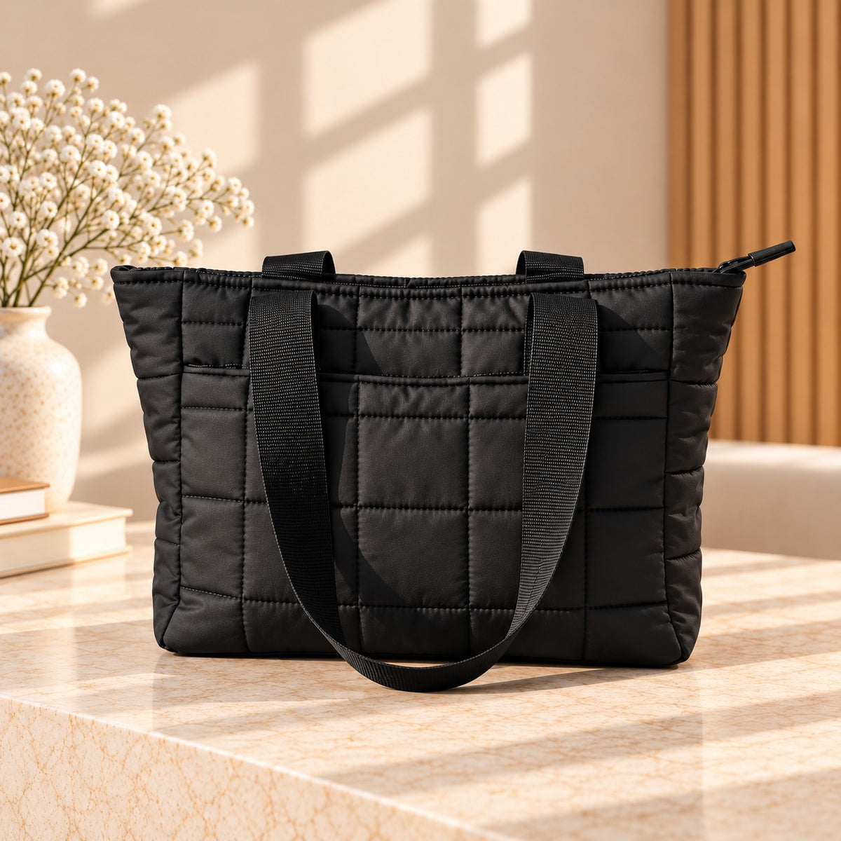LIORA Siyah Kare Desenli Shopper Omuz Çantası 35x35 cm