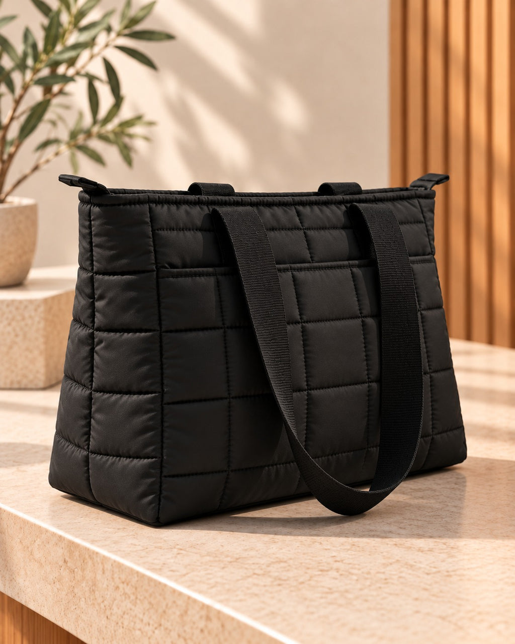 LIORA Siyah Kare Desenli Shopper Omuz Çantası 35x35 cm