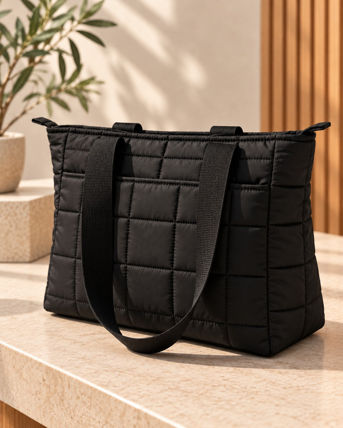 LIORA Siyah Kare Desenli Shopper Omuz Çantası 35x35 cm