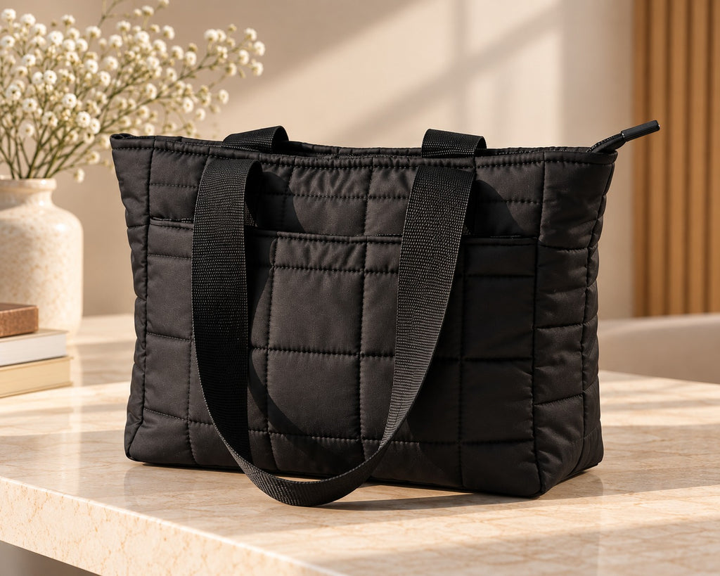 LIORA Siyah Kare Desenli Shopper Omuz Çantası 35x35 cm