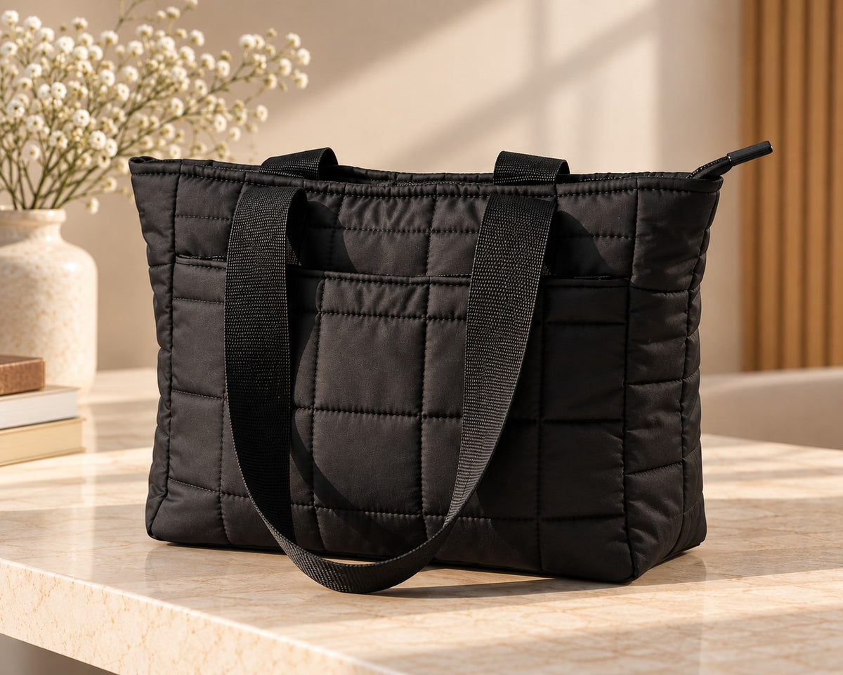 LIORA Siyah Kare Desenli Shopper Omuz Çantası 35x35 cm